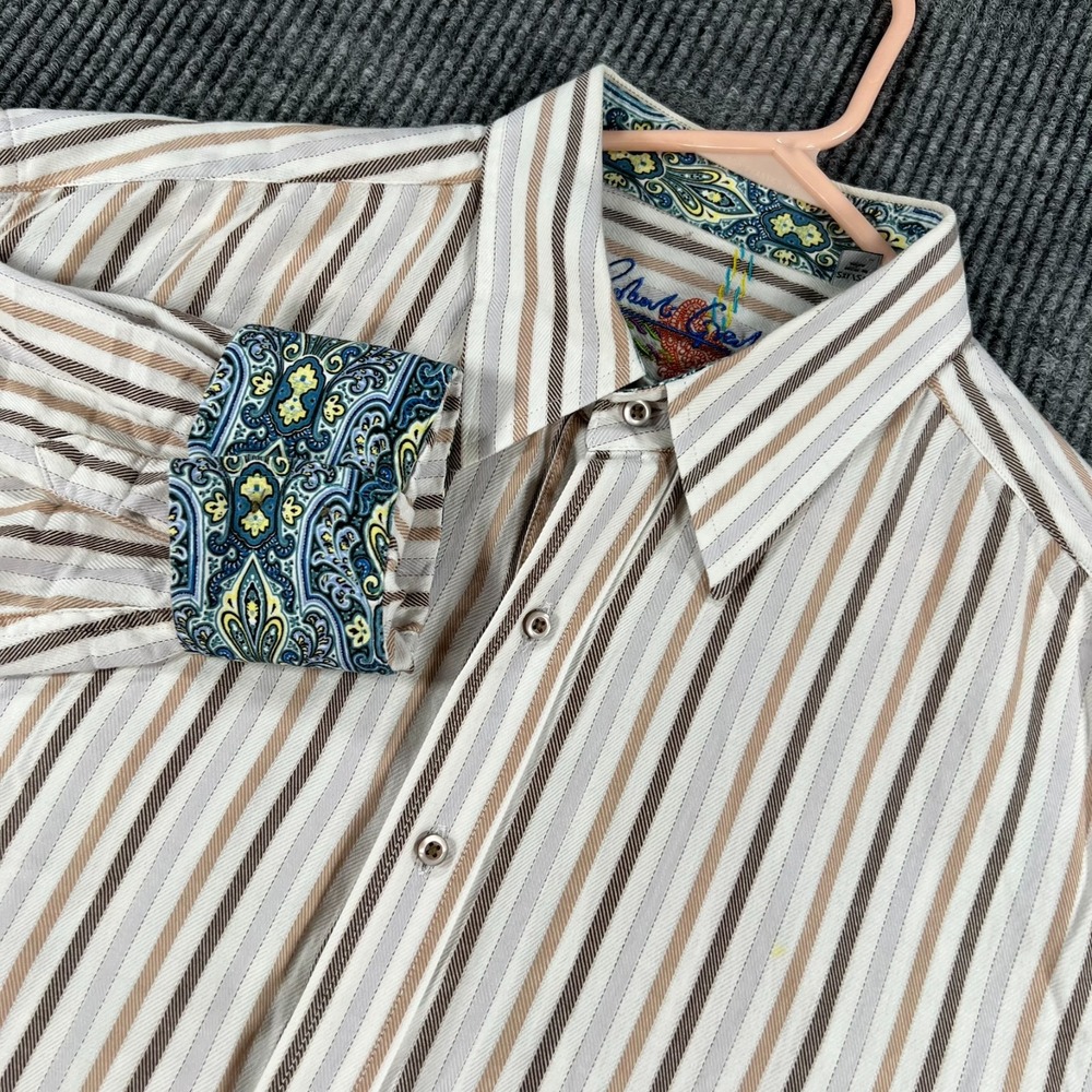 Robert Graham Shirt Mens 2XL XXL Beige Striped Long Sleeve Button Up Casual
